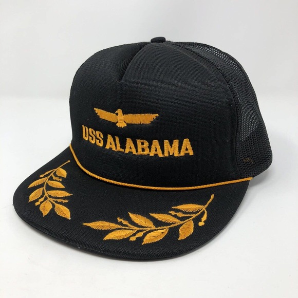 Vintage USS Alabama Black Snap Back Mesh Truckers Cap Gold Scrambled Eggs Navy - Picture 1 of 9